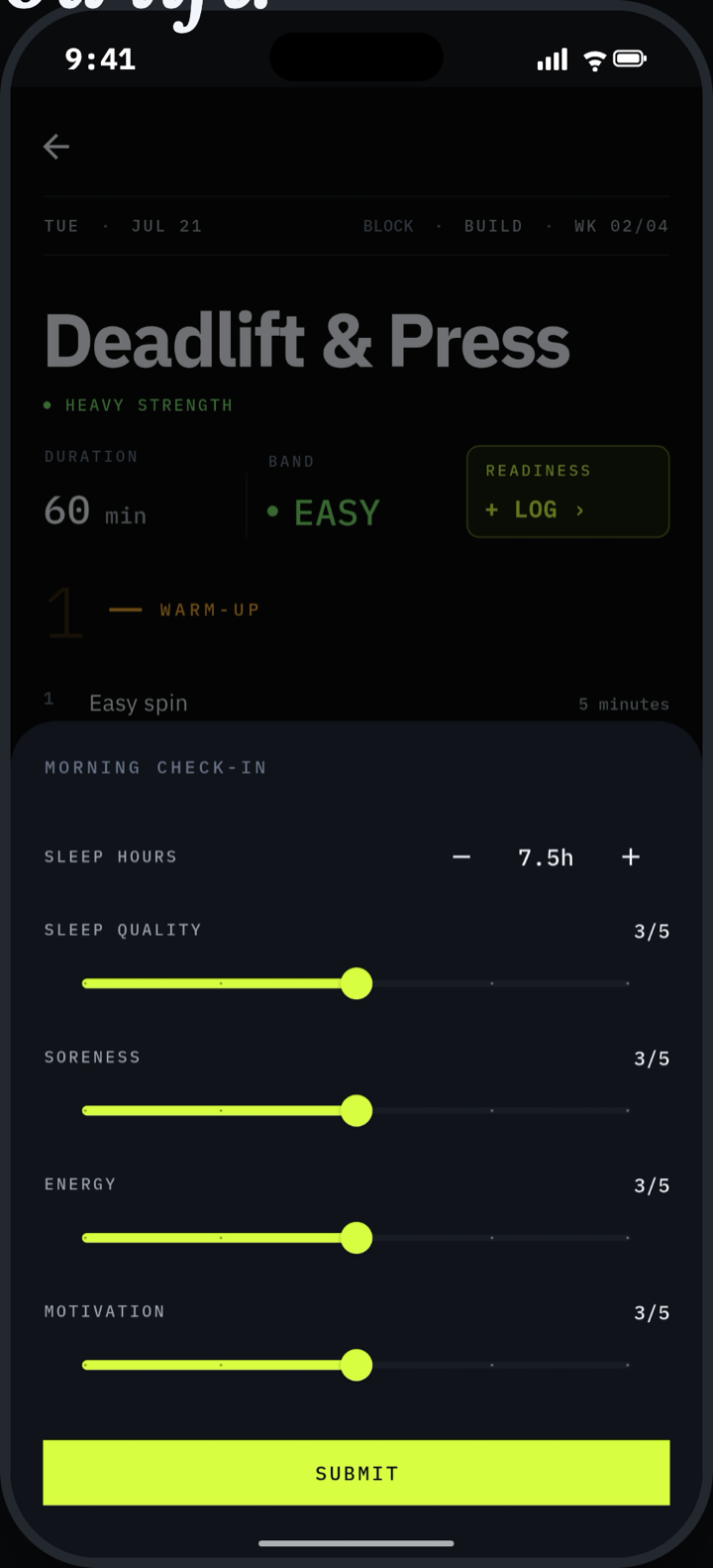 Threshold morning check-in with readiness sliders.