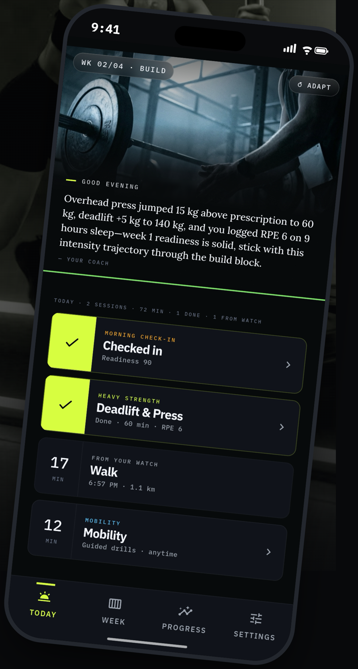 Threshold HYROX training app showing today's adaptive session with coach briefing and workout agenda.