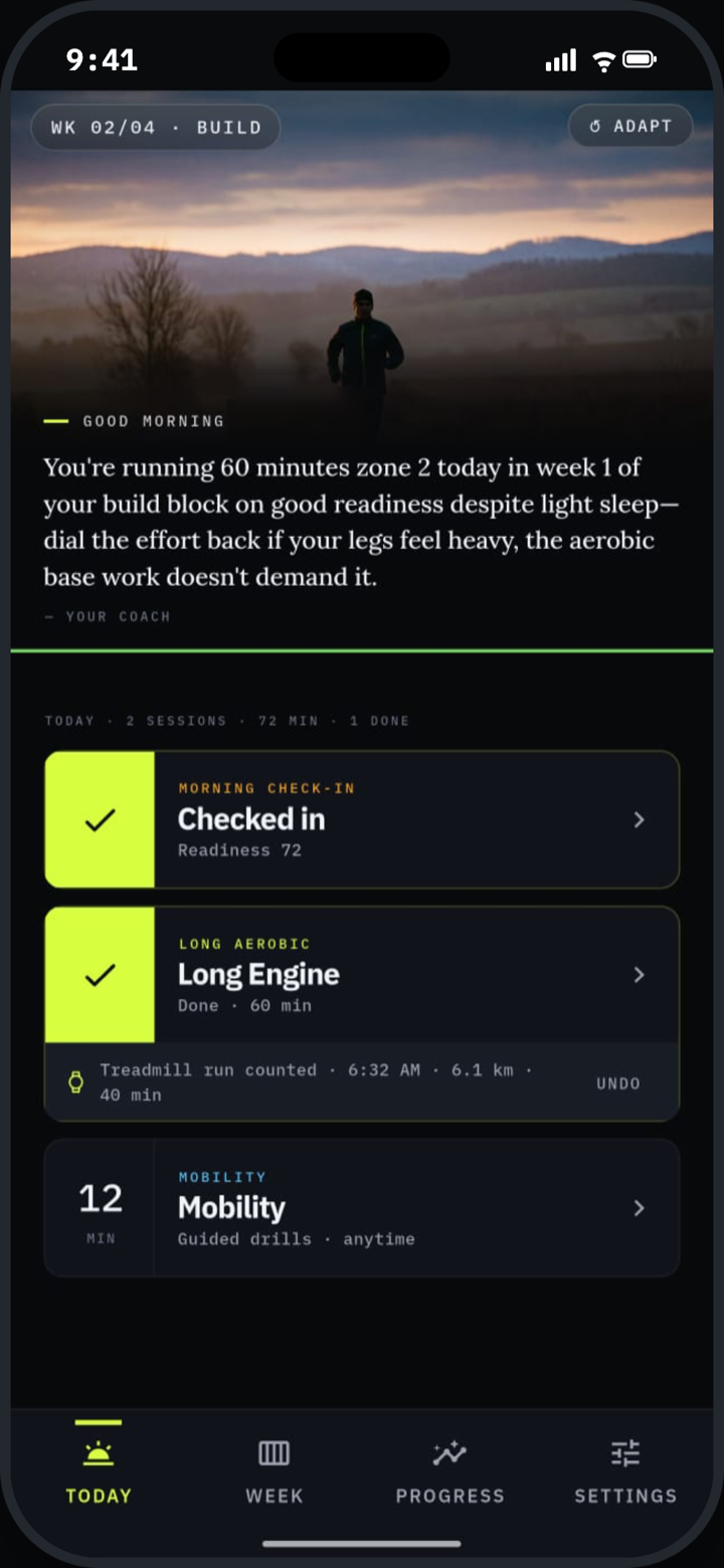 Threshold Today screen showing a watch-synced run auto-counted.