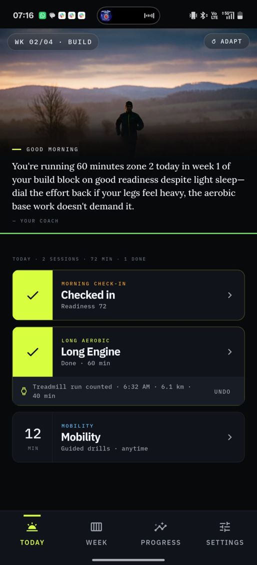 Threshold's Today screen: a treadmill run from the watch counted against today's session.